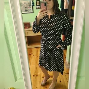 Long sleeve Polka Dot shirt dress with high low accent